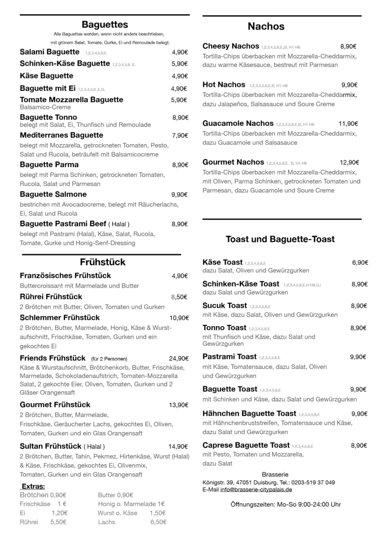 Brasserie Speisekarte Seite 1